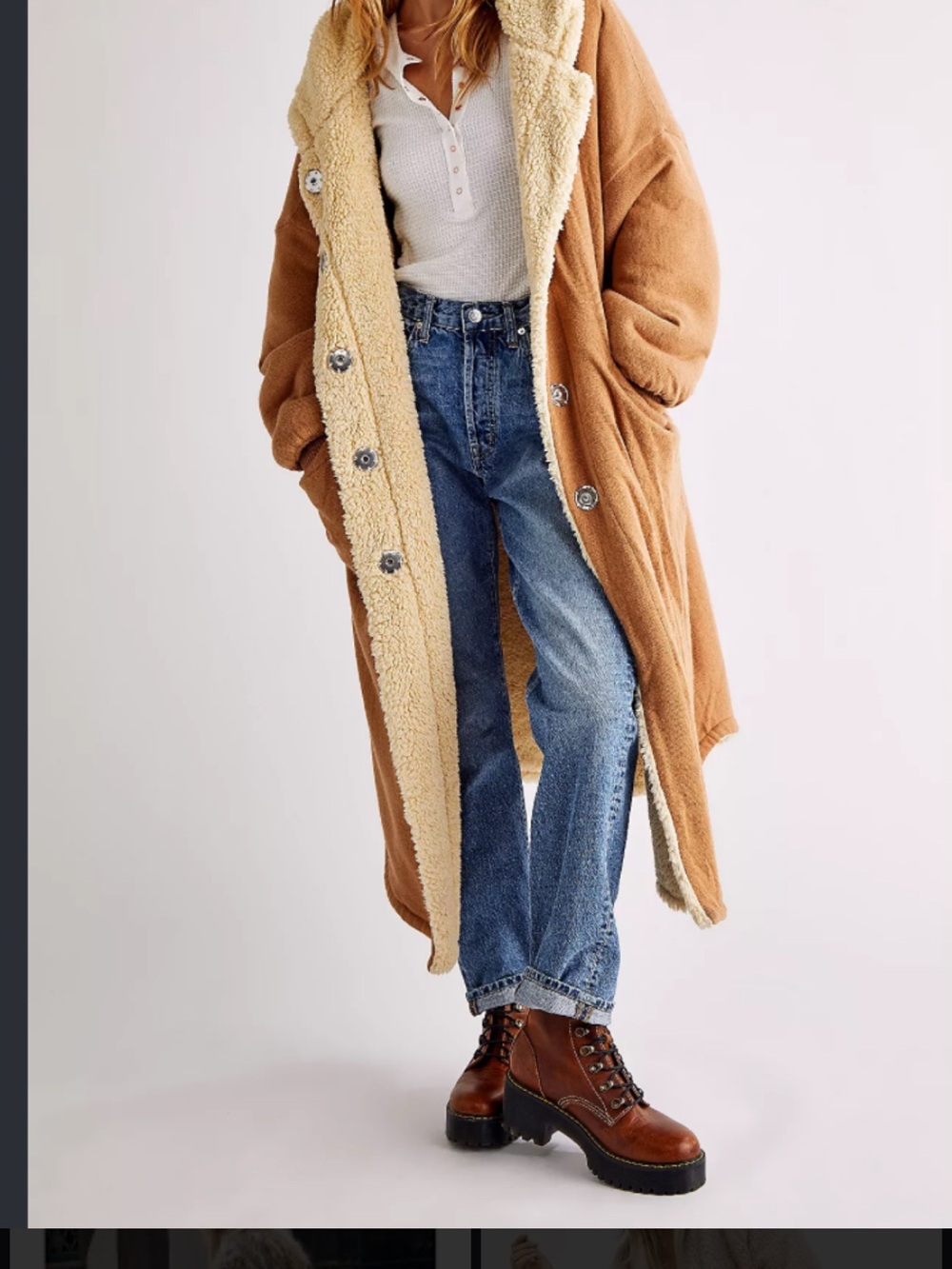 Free People Camel Sherpa-Lined Long Coat with Cream Trim